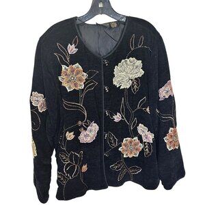 Vtg Womens Julia Kim Jacket Black Floral Embroidered Long Sleeve Rayon Blend XL